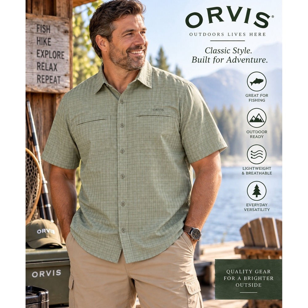 Orvis Mens XXL Green Plaid Short Sleeve Button Up Outdoor Fishing Shirt